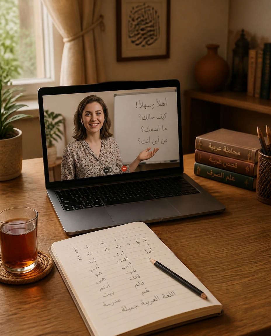 An online Arabic lesson on a laptop with a teacher, an Arabic textbook and handwritten Arabic practice notes